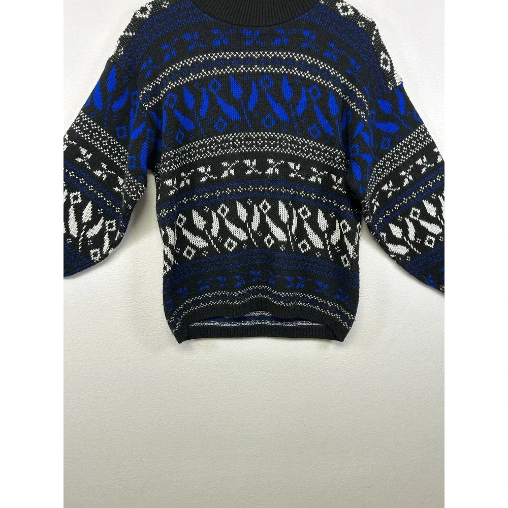 Vintage 80s Javenits Mens Large Blue Black Geometric Abstract Knit Sweater‎ USA